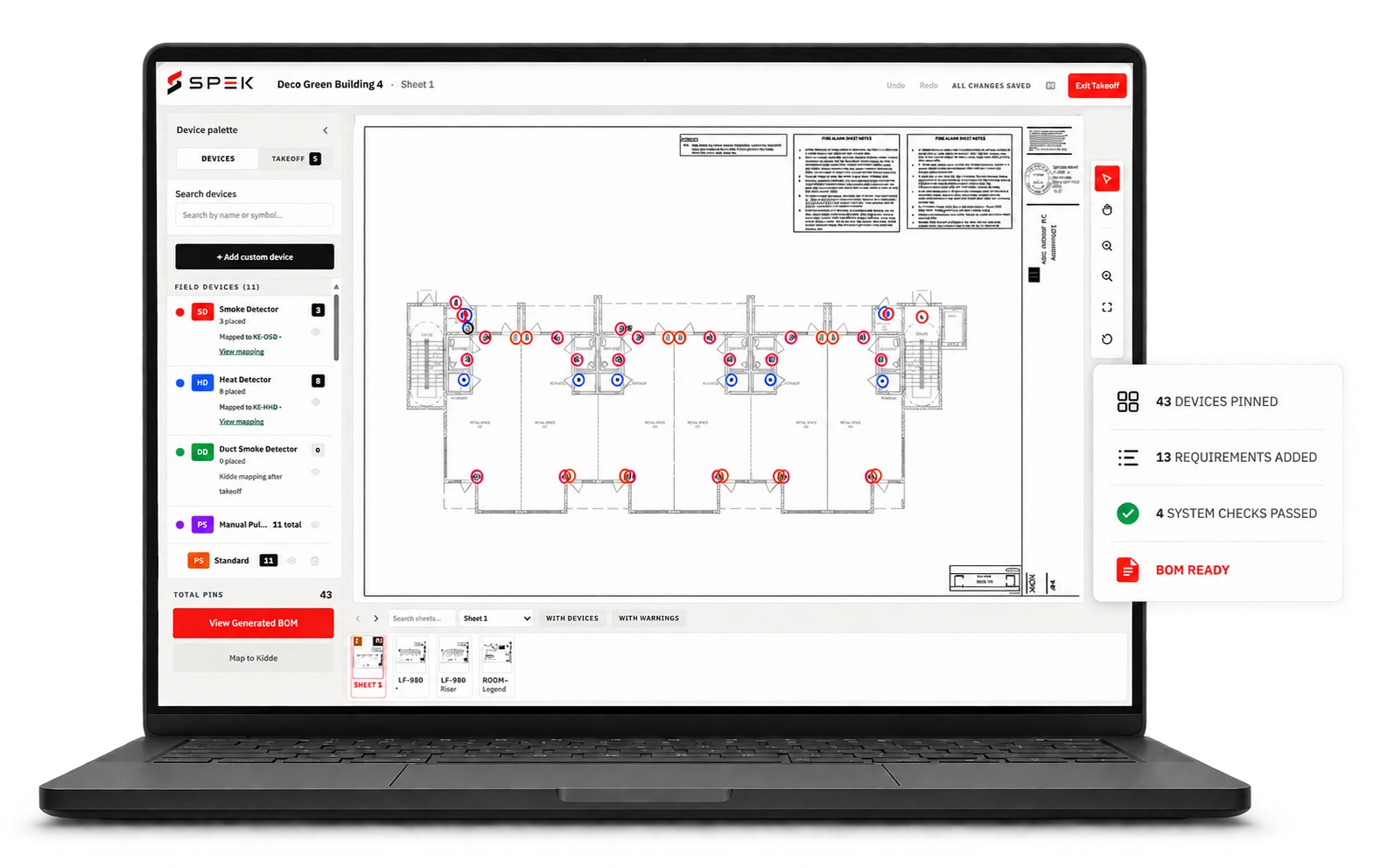 The SPEK takeoff workspace — 43 devices pinned on a fire alarm plan, 13 requirements added, system checks passed, BOM ready