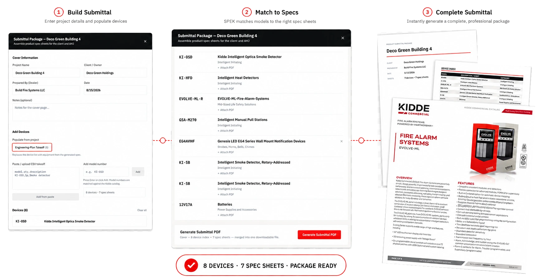 SPEK builds a fire alarm submittal by matching project equipment to product data sheets and generating a complete package.
